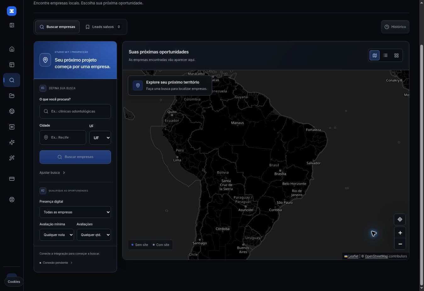 Tela real de Buscar leads do Studio Set, com filtros por segmento, cidade, site e avaliações, ao lado do mapa